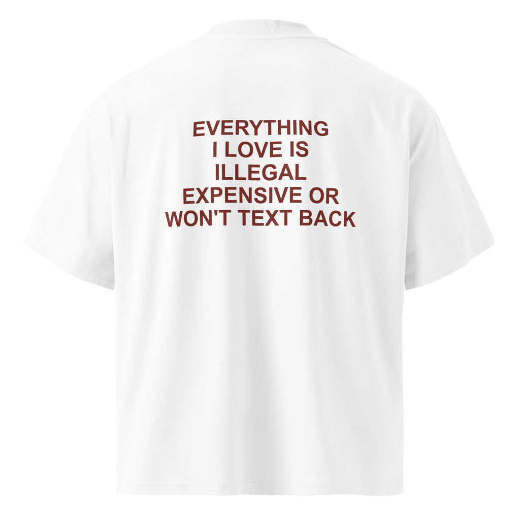 EVERYTHING I LOVE IS ILLEGAL EXPENSIVE OR WON'T TEXT BACK oversized t-shirt – white back view | So True