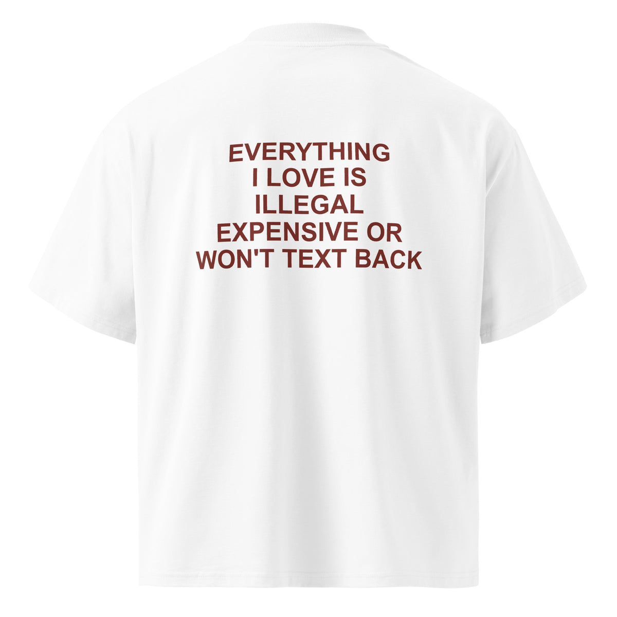 EVERYTHING I LOVE IS ILLEGAL EXPENSIVE OR WON'T TEXT BACK oversized t-shirt – white back view | So True
