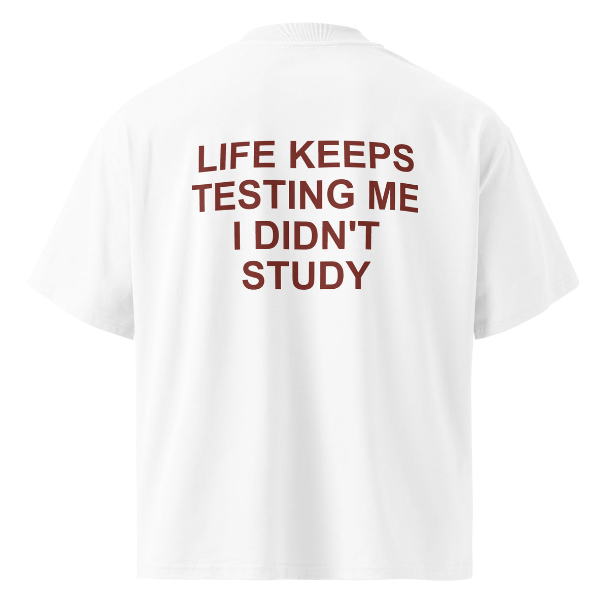 LIFE KEEPS TESTING ME I DIDN'T STUDY oversized t-shirt – white back view | So True