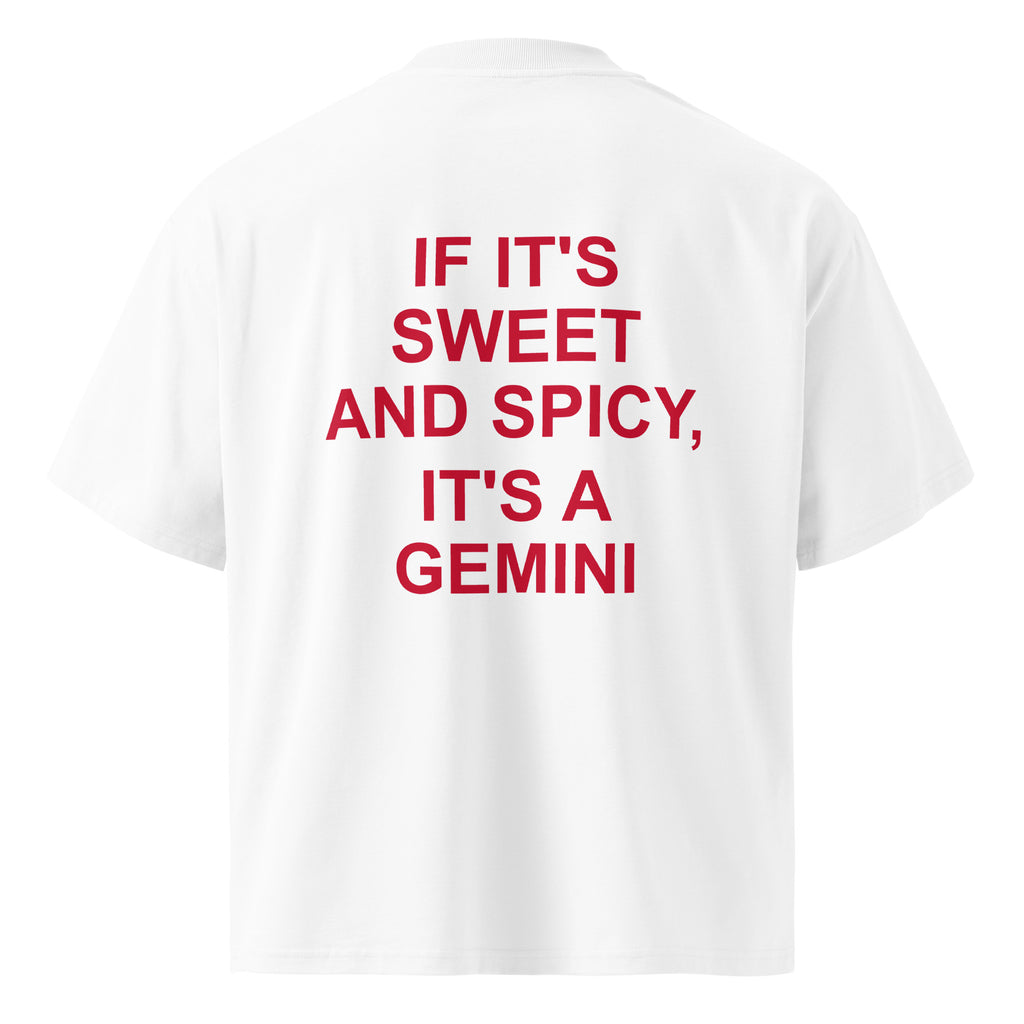 IF IT'S SWEET AND SPICY, IT'S A GEMINI oversized t-shirt – white back view | So True