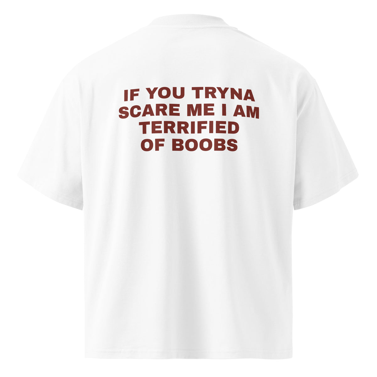 IF YOU TRYNA SCARE ME I AM TERRIFIED OF BOOBS oversized t-shirt – white back view | So True