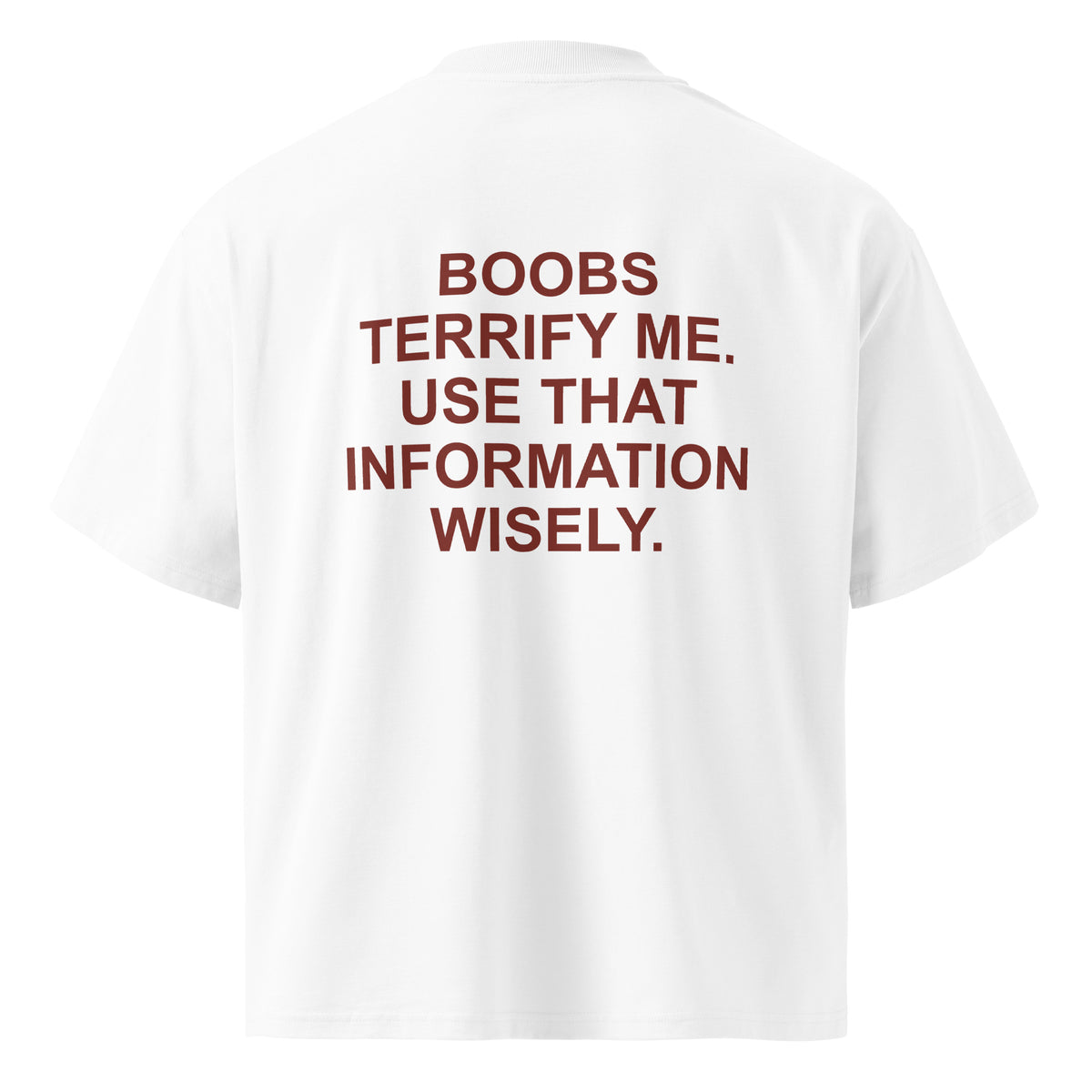 BOOBS TERRIFY ME. USE THAT INFORMATION WISELY. oversized t-shirt – white back view | So True