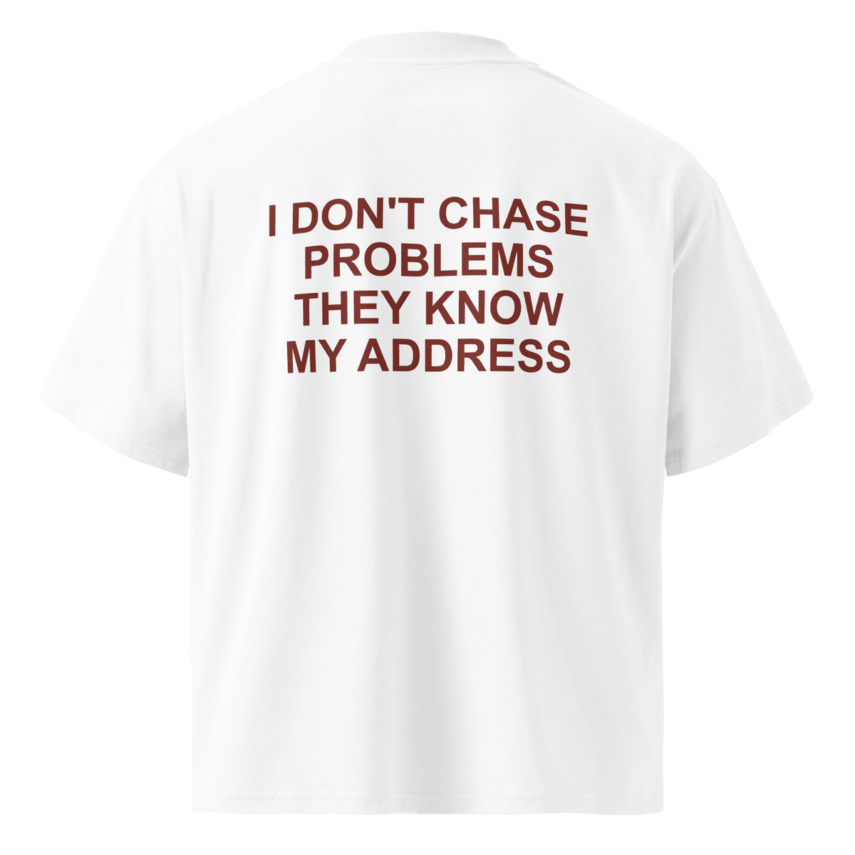 I DON'T CHASE PROBLEMS THEY KNOW MY ADDRESS oversized t-shirt – white back view | So True