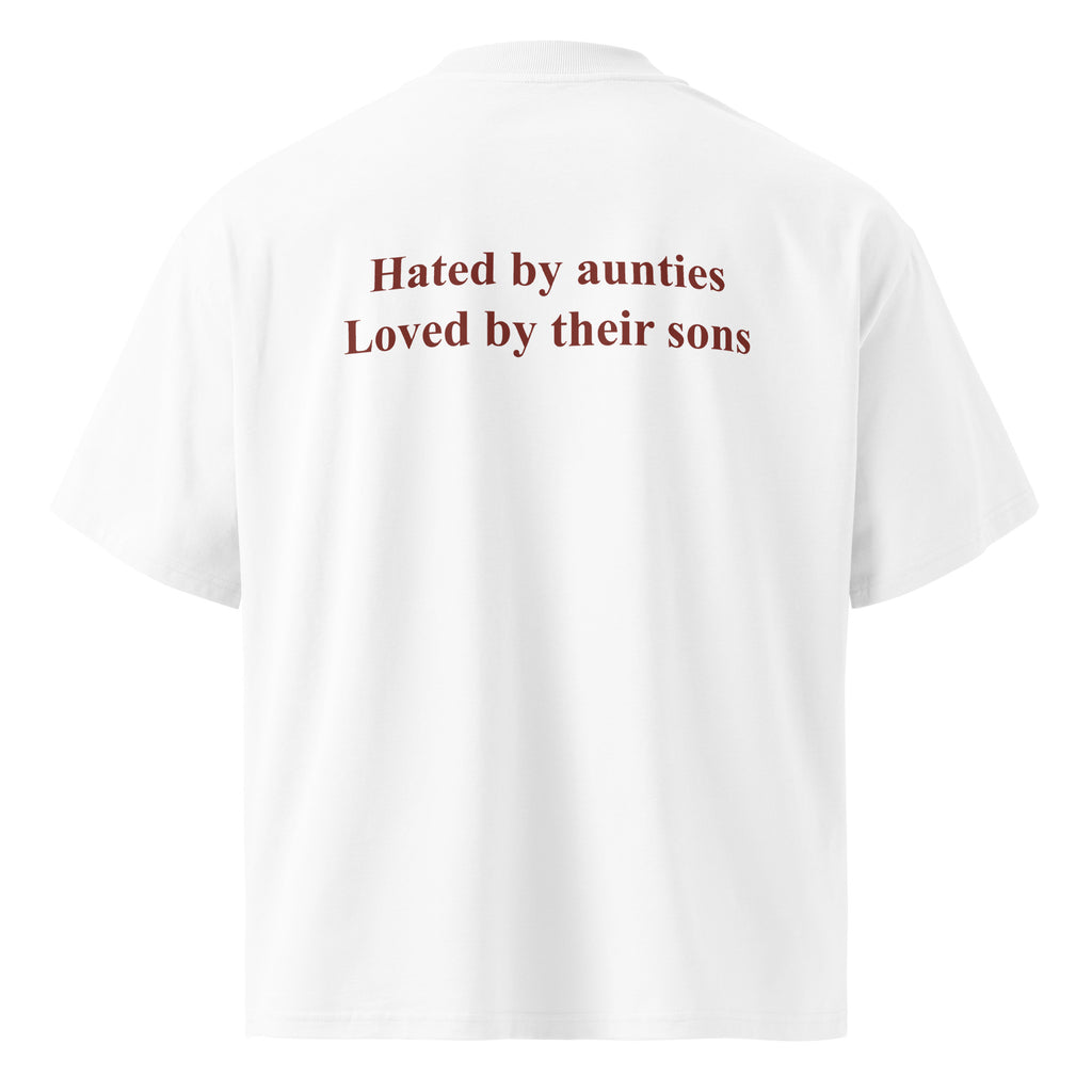 HATED BY AUNTIES LOVED BY THEIR SONS oversized t-shirt – white back view | So True