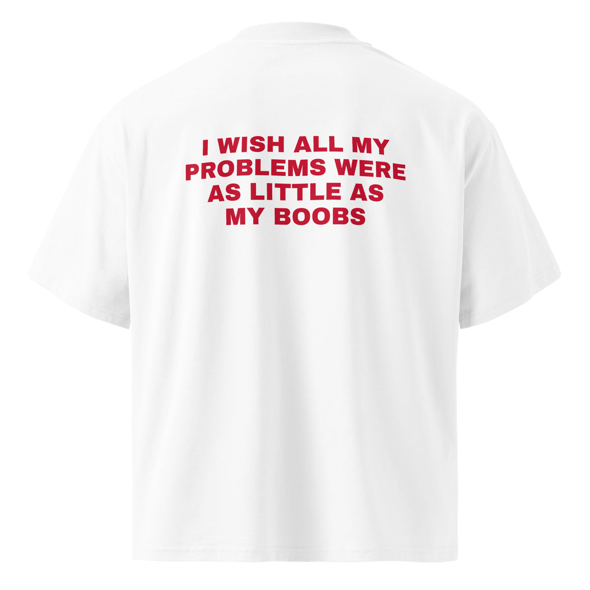 I WISH ALL MY PROBLEMS WERE AS LITTLE AS MY BOOBS oversized t-shirt – white back view | So True
