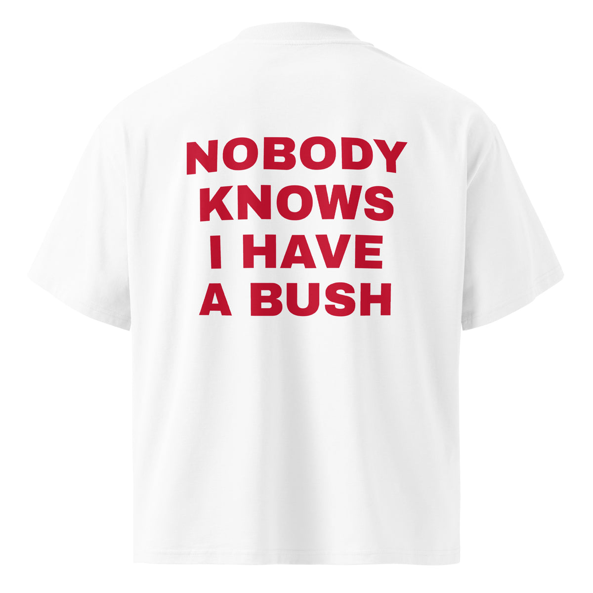 NOBODY KNOWS I HAVE A BUSH oversized t-shirt – white back view | So True