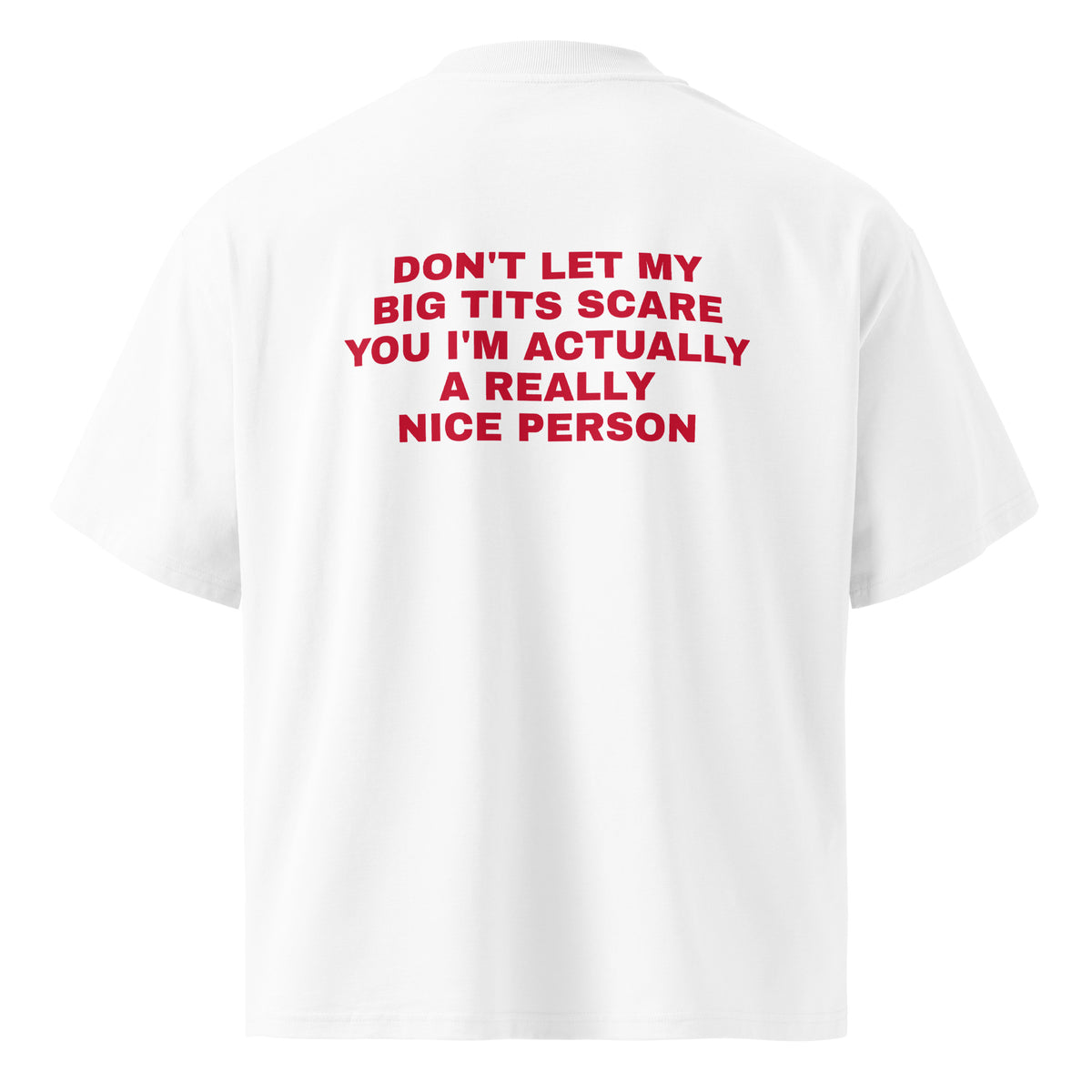 DON'T LET MY BIG TITS SCARE YOU I'M ACTUALLY A REALLY NICE PERSON oversized t-shirt – white back view | So True