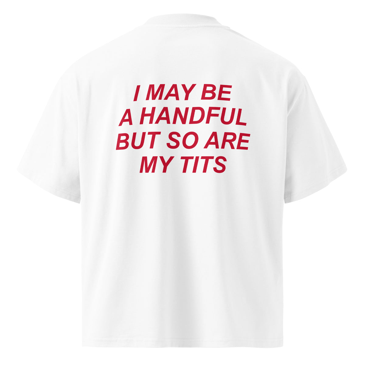 I MAY BE A HANDFUL BUT SO ARE MY TITS oversized t-shirt – white back view | So True