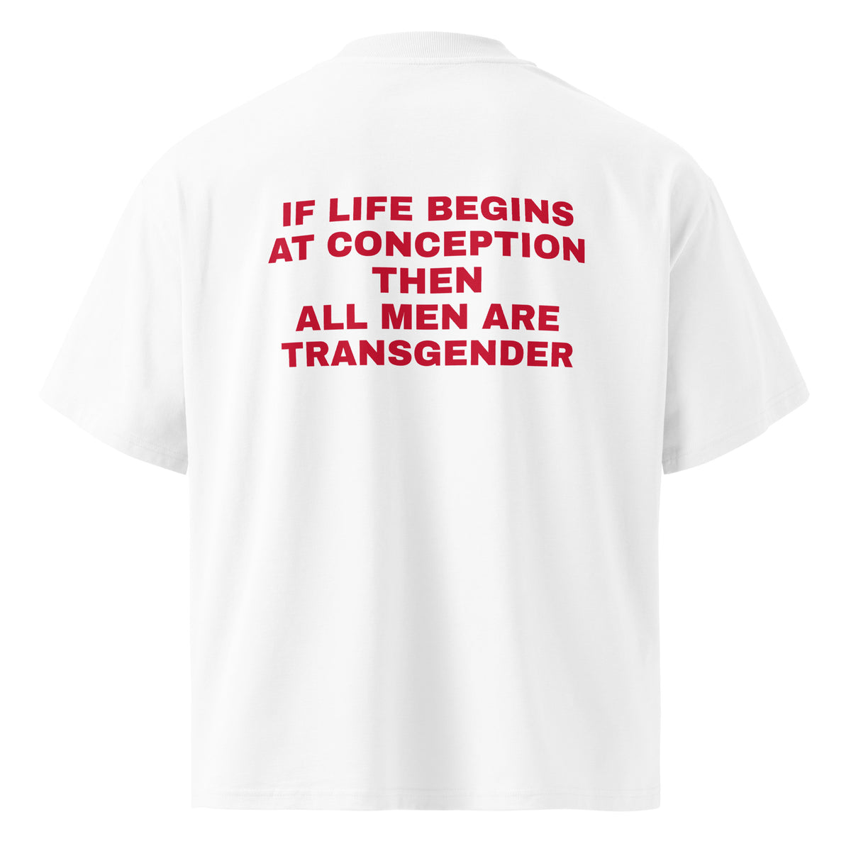 IF LIFE BEGINS AT CONCEPTION THEN ALL MEN ARE TRANSGENDER oversized t-shirt – white back view | So True