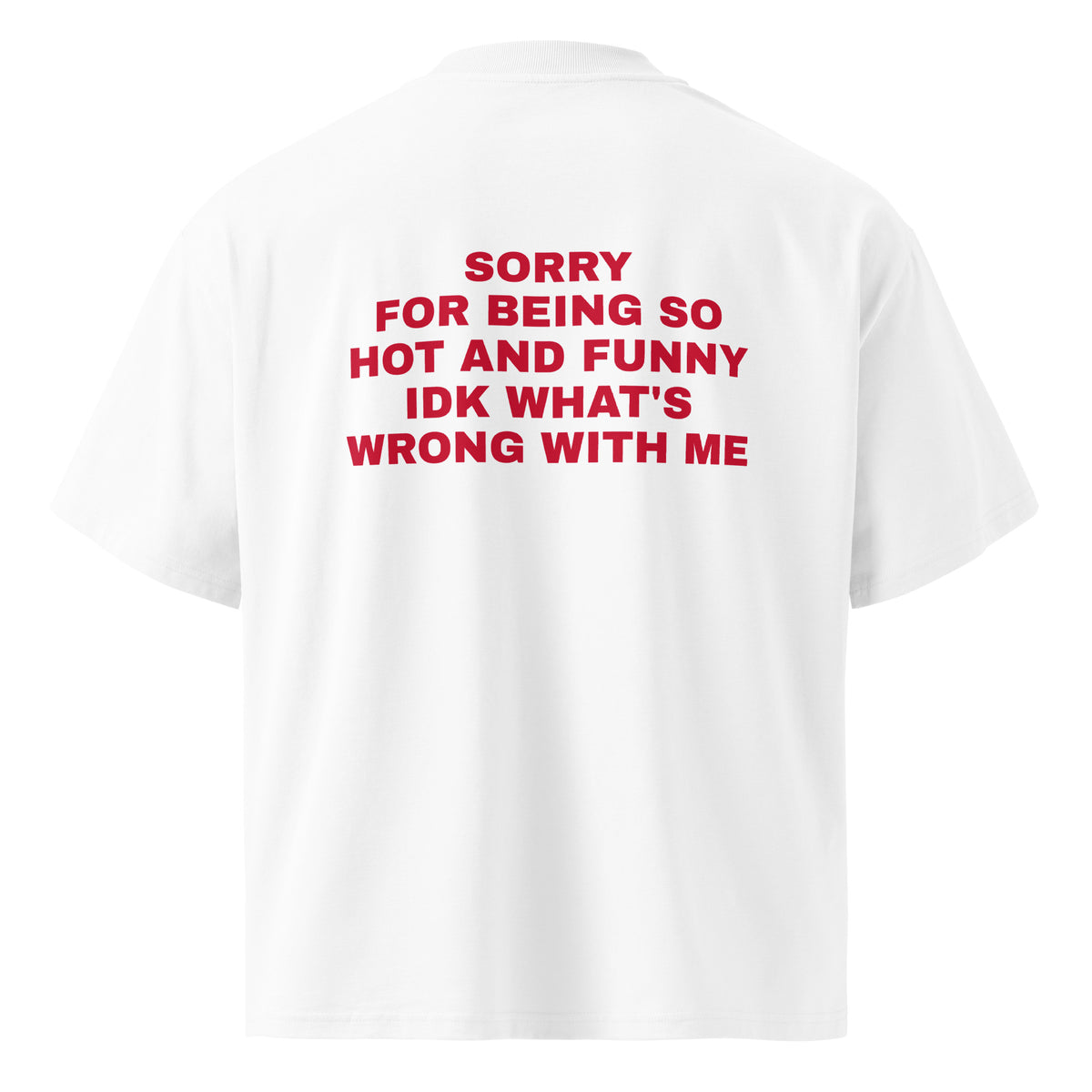 SORRY FOR BEING SO HOT AND FUNNY IDK WHAT'S WRONG WITH ME oversized t-shirt – white back view | So True