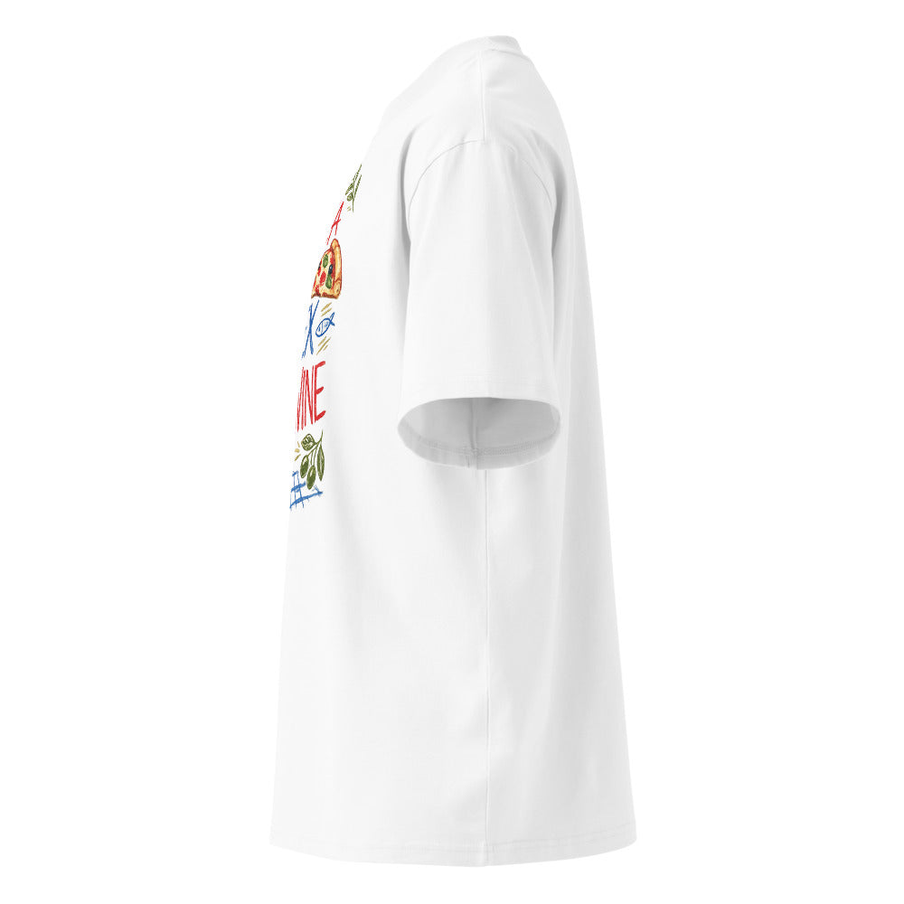 PIZZA SEX WINE oversized t-shirt – white left view | So True
