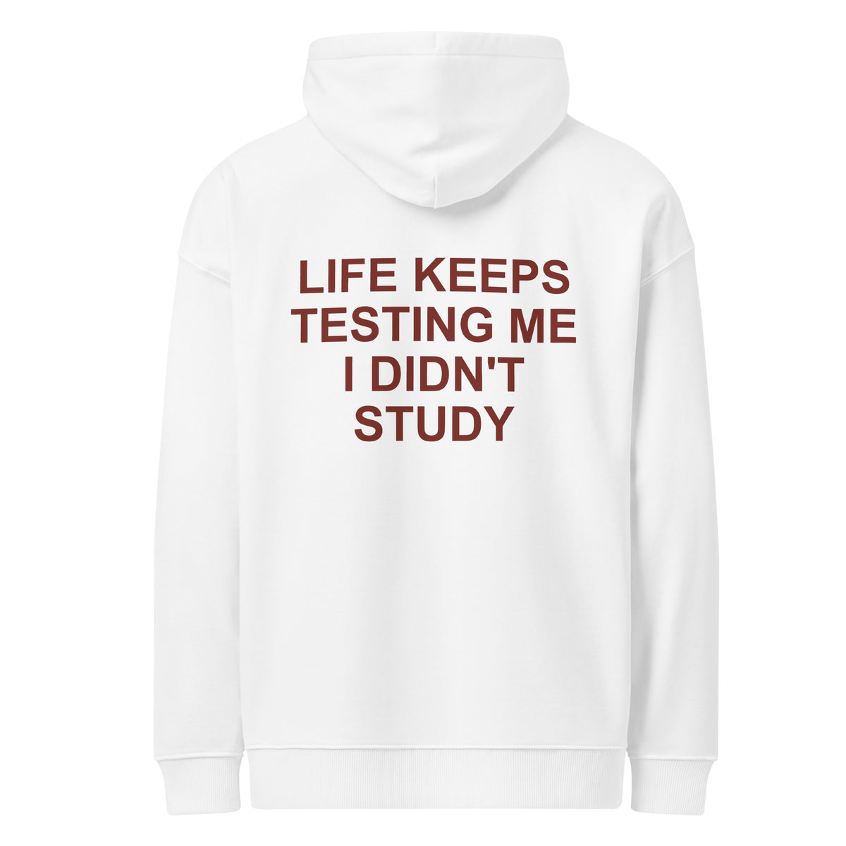 LIFE KEEPS TESTING ME I DIDN'T STUDY oversized hoodie – white back view | So True