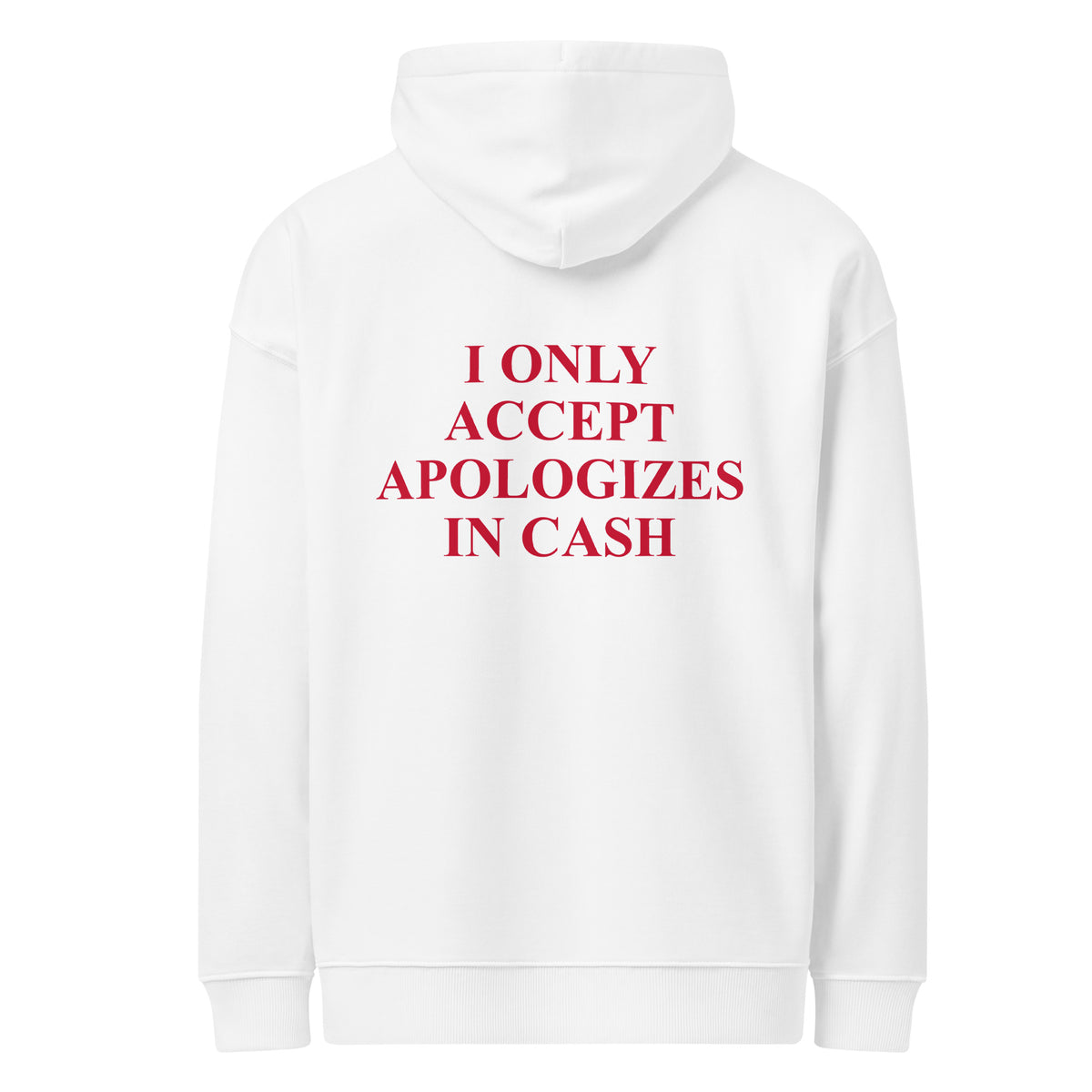 I ONLY ACCEPT APOLOGIZES IN CASH oversized hoodie – white back view | So True