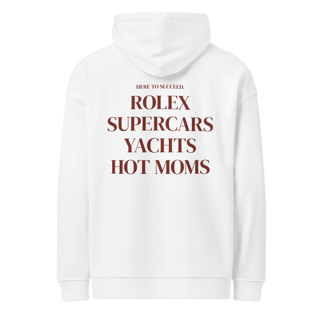HERE TO SUCCEED ROLEX SUPERCARS YACHTS HOT MOMS oversized hoodie – white back view | So True