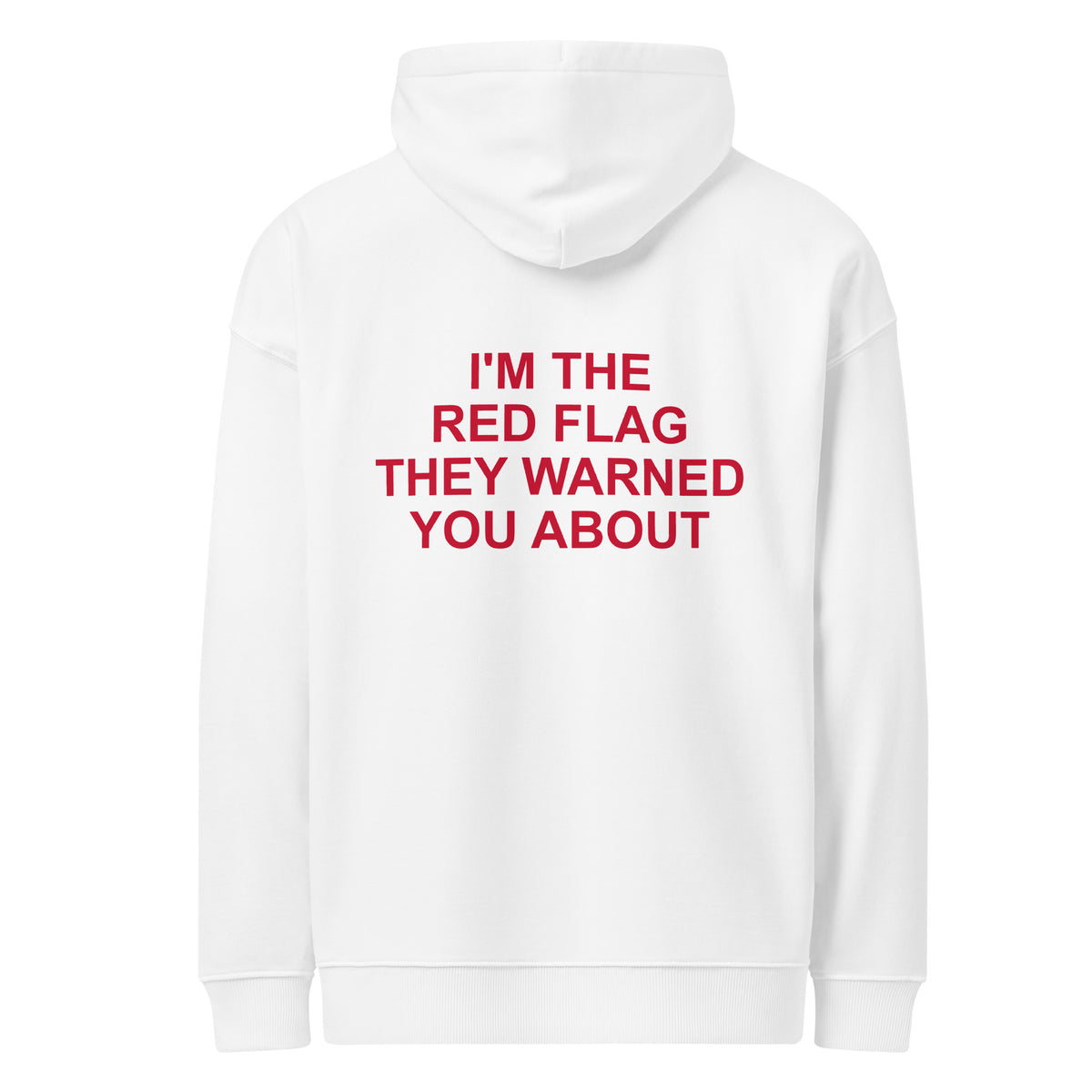 I'M THE RED FLAG THEY WARNED YOU ABOUT oversized hoodie – white back view | So True