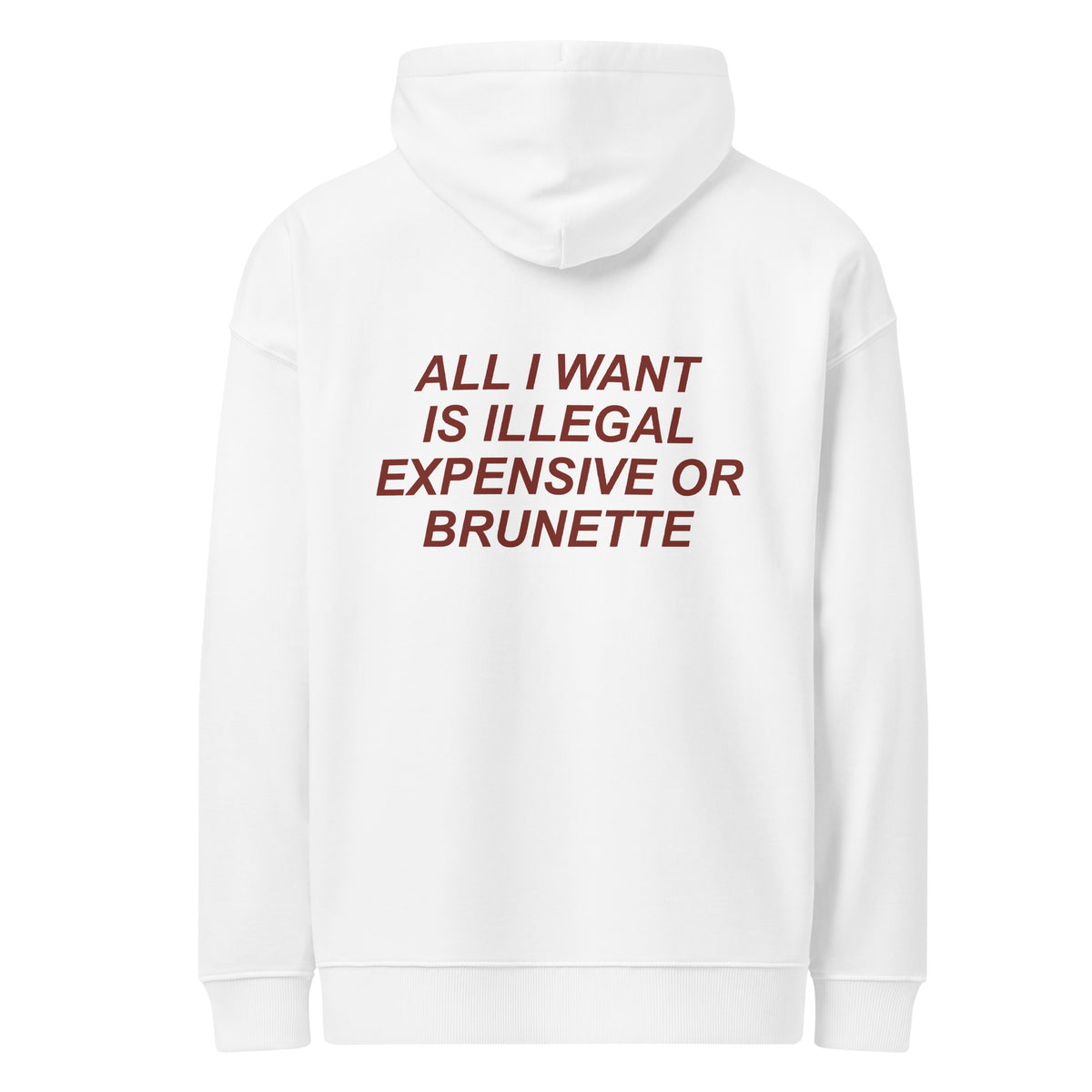 ALL I WANT IS ILLEGAL EXPENSIVE OR BRUNETTE oversized hoodie – white back view | So True