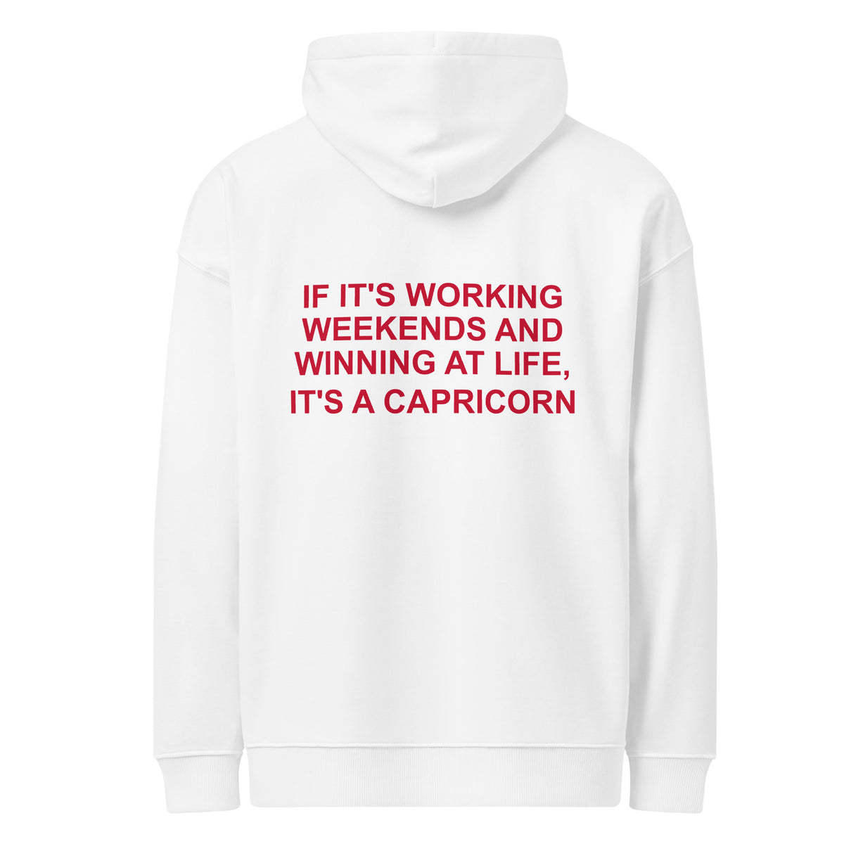 IF IT'S WORKING WEEKENDS AND WINNING AT LIFE, IT'S A CAPRICORN oversized hoodie – white back view | So True