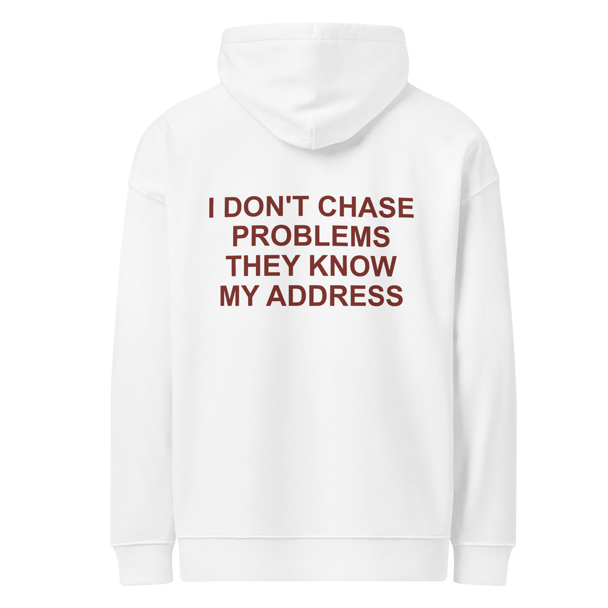 I DON'T CHASE PROBLEMS THEY KNOW MY ADDRESS oversized hoodie – white back view | So True