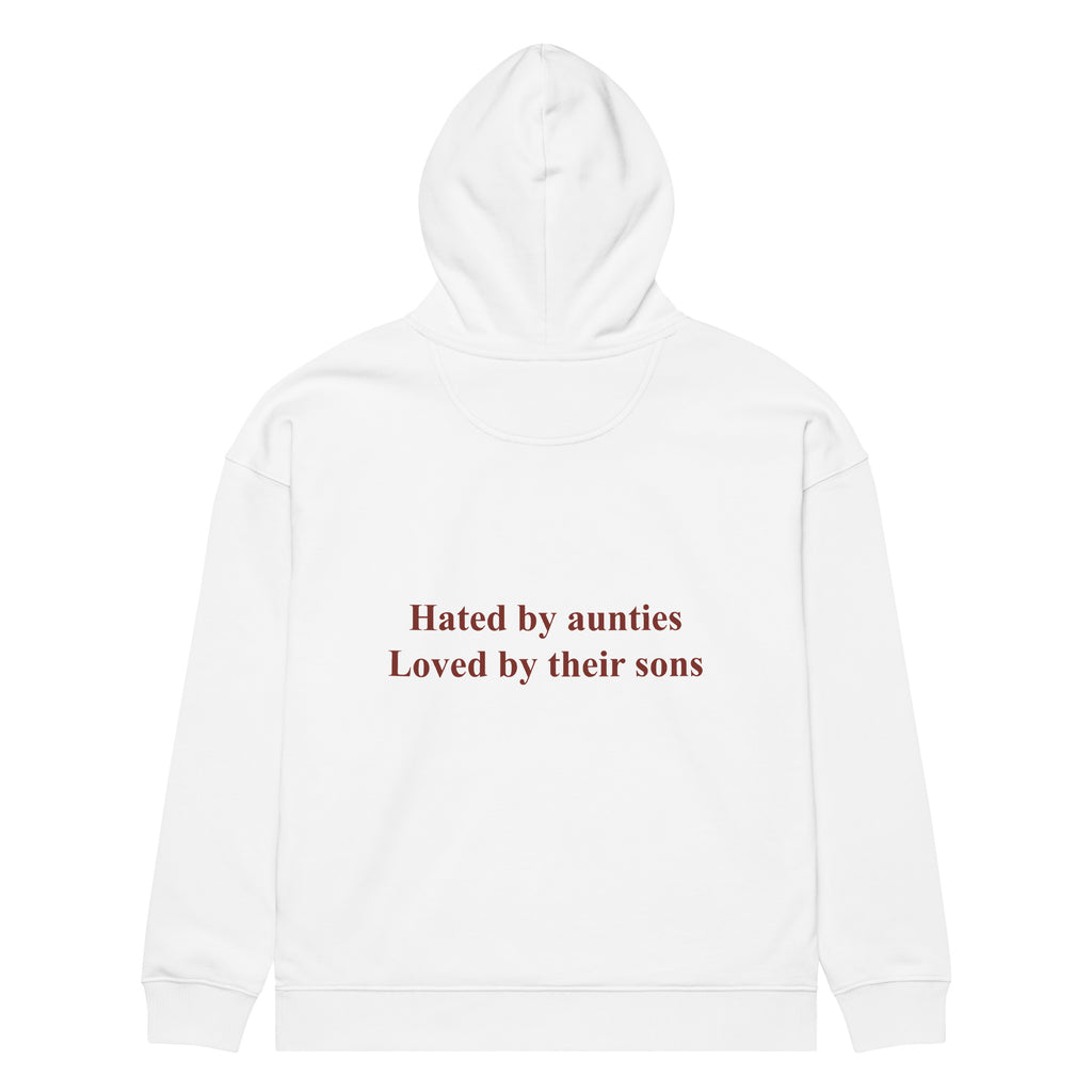 HATED BY AUNTIES LOVED BY THEIR SONS oversized hoodie – white back view | So True