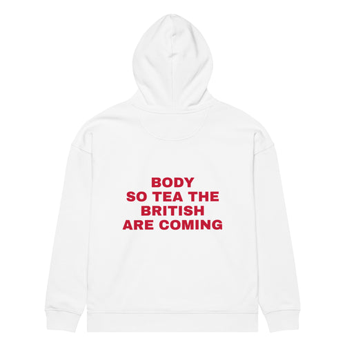 BODY SO TEA THE BRITISH ARE COMING oversized hoodie – white back view | So True
