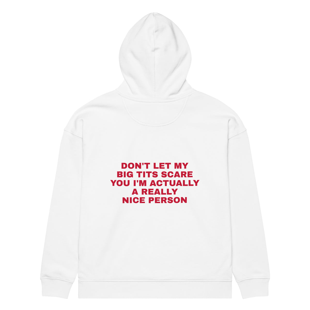 DON'T LET MY BIG TITS SCARE YOU I'M ACTUALLY A REALLY NICE PERSON oversized hoodie – white back view | So True