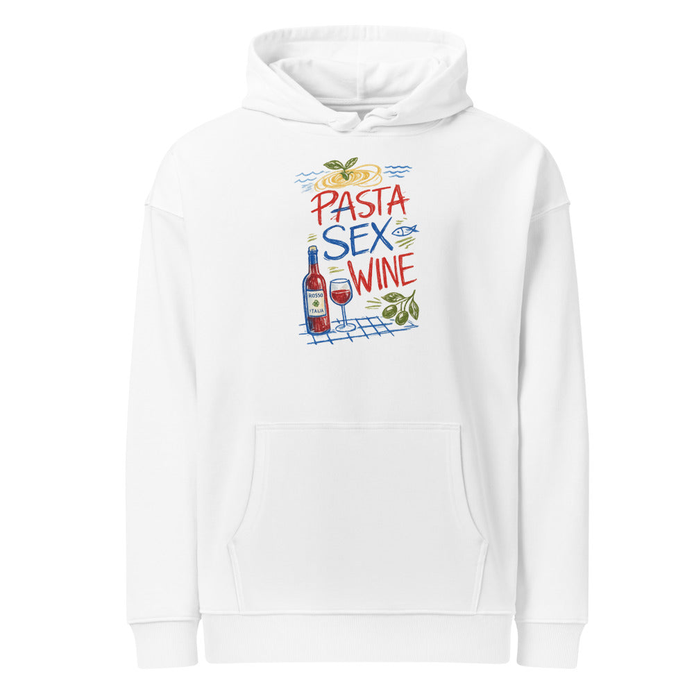 PASTA SEX WINE oversized hoodie – white front view | So True