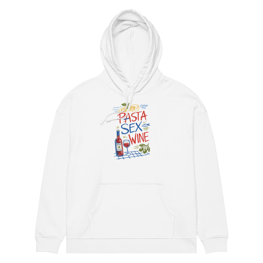PASTA SEX WINE oversized hoodie – white front view | So True