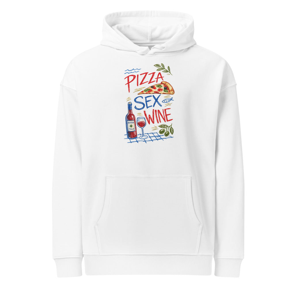 PIZZA SEX WINE oversized hoodie – white front view | So True