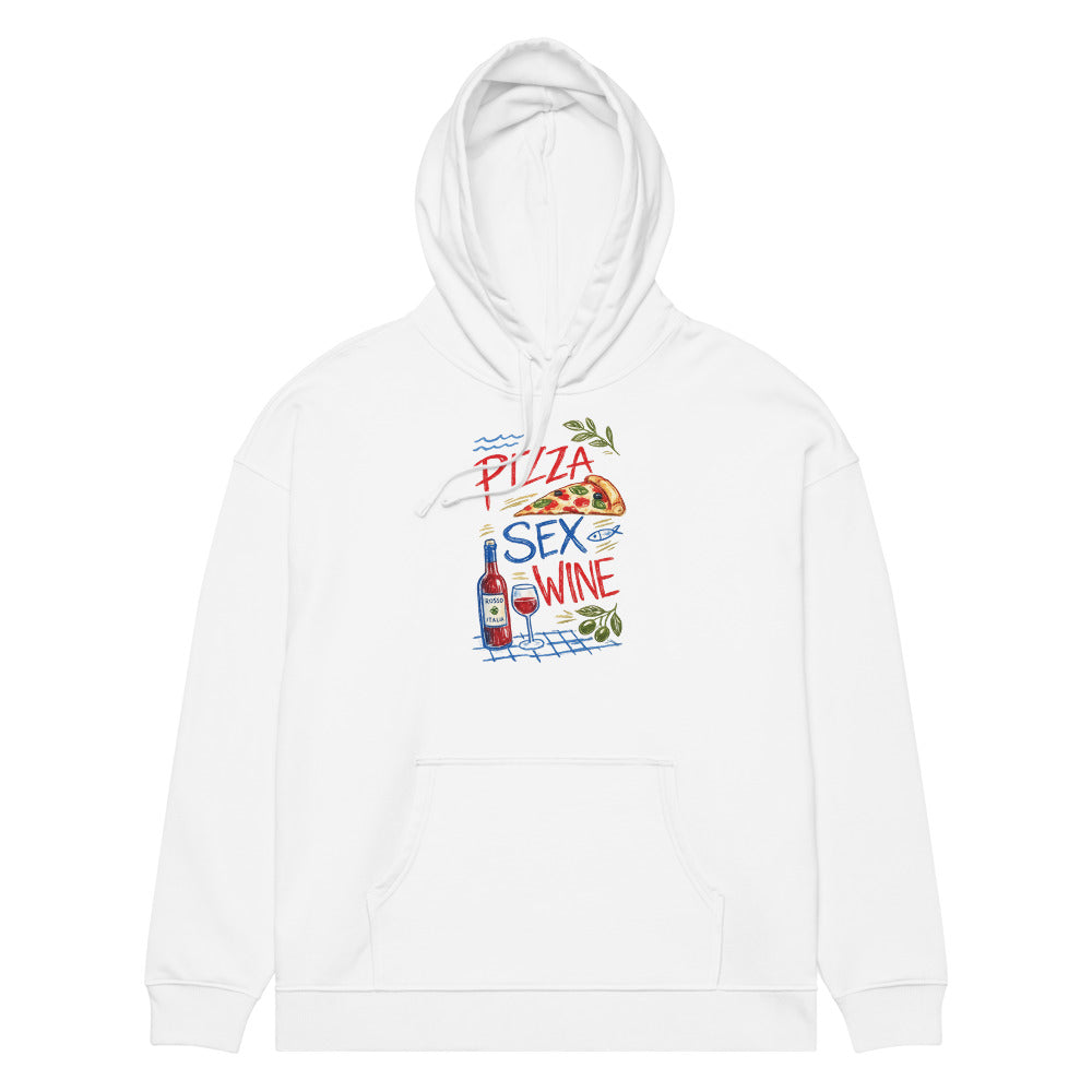PIZZA SEX WINE oversized hoodie – white front view | So True